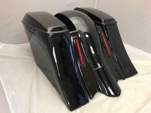 Load image into Gallery viewer, Harley Davidson 6" Extended Saddlebags Out & Down Bags Painted VIVID BLACK  Lids & Custom Rear LED Fender No Cut Outs