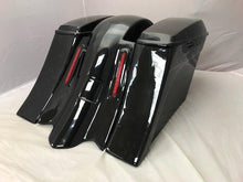 Load image into Gallery viewer, Harley Davidson 6" Extended Saddlebags Out & Down Bags Painted VIVID BLACK  Lids & Custom Rear LED Fender No Cut Outs