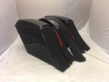 Load image into Gallery viewer, Harley Davidson 6" Extended Saddlebags Out & Down Bags Painted VIVID BLACK  Lids & Custom Rear LED Fender No Cut Outs