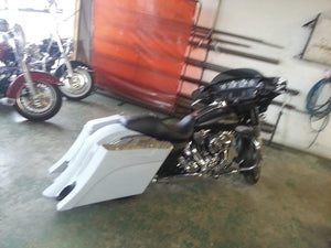 Harley Davidson 6" Extended Stretched Out & Down Saddlebags Fender - No Lids 2014 Model Style Bags - Dual Cut Outs.