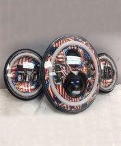 Load image into Gallery viewer, 7&quot; DAYMAKER AMERICAN FLAGS DESIGN Headlight Dual 4.5&quot; - 4 1/2&quot; Auxiliary Spot Passing LED Fog Lights Red Halo Bulb Harley SET