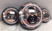 Load image into Gallery viewer, 7&quot; DAYMAKER AMERICAN FLAGS DESIGN Headlight Dual 4.5&quot; - 4 1/2&quot; Auxiliary Spot Passing LED Fog Lights Red Halo Bulb Harley SET