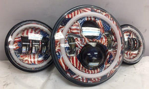 7" DAYMAKER AMERICAN FLAGS DESIGN Headlight Dual 4.5" - 4 1/2" Auxiliary Spot Passing LED Fog Lights Red Halo Bulb Harley SET