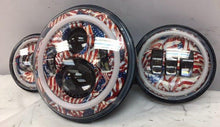 Load image into Gallery viewer, 7&quot; DAYMAKER AMERICAN FLAGS DESIGN Headlight Dual 4.5&quot; - 4 1/2&quot; Auxiliary Spot Passing LED Fog Lights Red Halo Bulb Harley SET