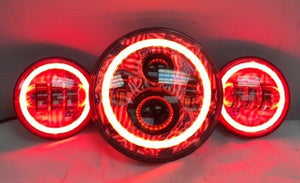 7" DAYMAKER AMERICAN FLAGS DESIGN Headlight Dual 4.5" - 4 1/2" Auxiliary Spot Passing LED Fog Lights Red Halo Bulb Harley SET