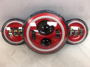 7" DAYMAKER Red With Red HALO Headlight Dual 4.5" - 4 1/2" AUX Black Spot Passing LED Fog Lights Bulb Harley SET
