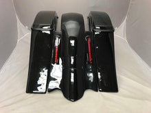 Load image into Gallery viewer, Harley Davidson 6&quot; Extended Saddlebags Out &amp; Down Bags Painted VIVID BLACK  Lids &amp; Custom Rear LED Fender No Cut Outs