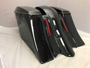 Harley Davidson 6" Extended Saddlebags Out & Down Bags Painted VIVID BLACK  Lids & Custom Rear LED Fender No Cut Outs