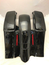 Load image into Gallery viewer, Harley Davidson 6&quot; Extended Saddlebags Out &amp; Down Bags Painted VIVID BLACK  Lids &amp; Custom Rear LED Fender No Cut Outs
