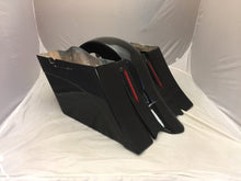 Load image into Gallery viewer, Harley Davidson 6&quot; Extended Saddlebags Out &amp; Down Bags Painted VIVID BLACK &amp; Custom Rear Lids Fender No Cut Outs