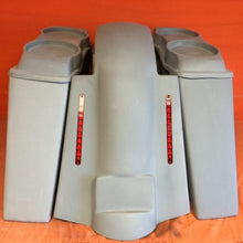 Load image into Gallery viewer, Harley Davidson 4&quot; Extended Stretched Saddlebags Dual 6.5&quot; Speaker Lids &amp; Replacement LED Fender 09 - 13 - No Cut Outs
