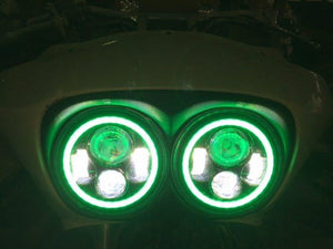 DUAL 7" DAYMAKER 2014  GREEN HALO LED Replacement ROAD GLIDE Chrome Light Bulb Headlight Harley Bezel