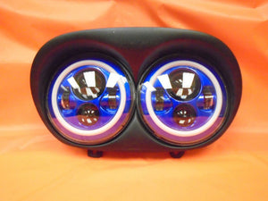 DUAL 7" BLUE DAYMAKER 2014  BLUE HALO LED ROAD GLIDE Black Light Bulb Headlight Harley Bezel