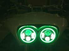Load image into Gallery viewer, DUAL 7&quot; GREEN DAYMAKER 2014  GREEN HALO LED ROAD GLIDE Black Light Bulb Headlight Harley Bezel