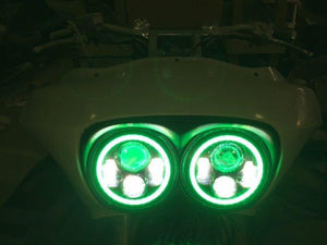 DUAL 7" GREEN DAYMAKER 2014  GREEN HALO LED ROAD GLIDE Black Light Bulb Headlight Harley Bezel