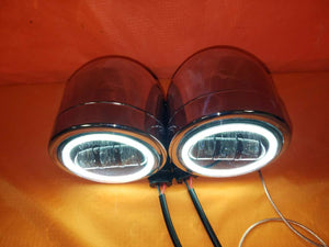 Harley Chrome Dual Twin DAYMAKER Headlights with Bracket Light Bar for FAT BOB STREET BOB DYNA - White Halo