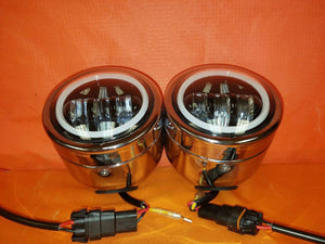Harley Chrome Dual Twin DAYMAKER Headlights with Bracket Light Bar for FAT BOB STREET BOB DYNA - White Halo